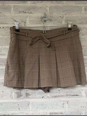 Hollister Brown Plaid Pleated Mini Skort with Waist Tie